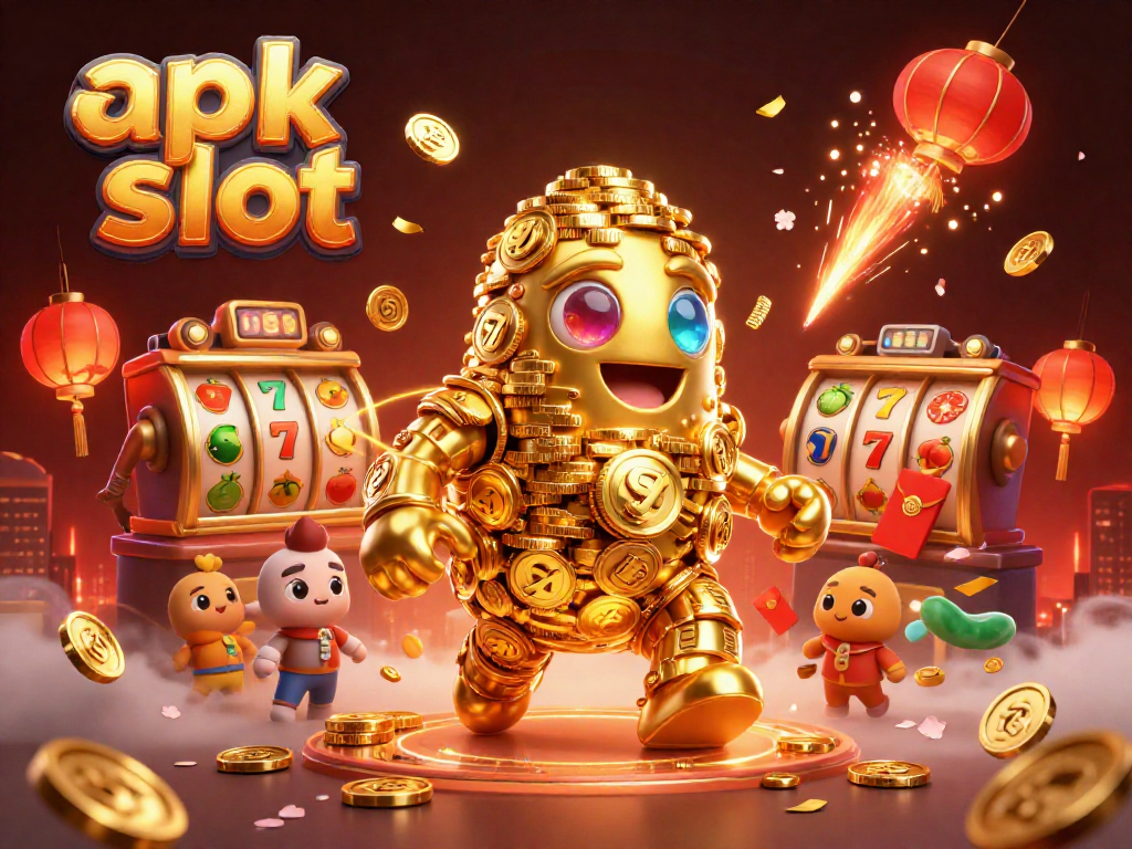 Slot apk yang menarik dalam ilustrasi 3D dengan simbol mesin slot dan koin emas mengelilinginya.