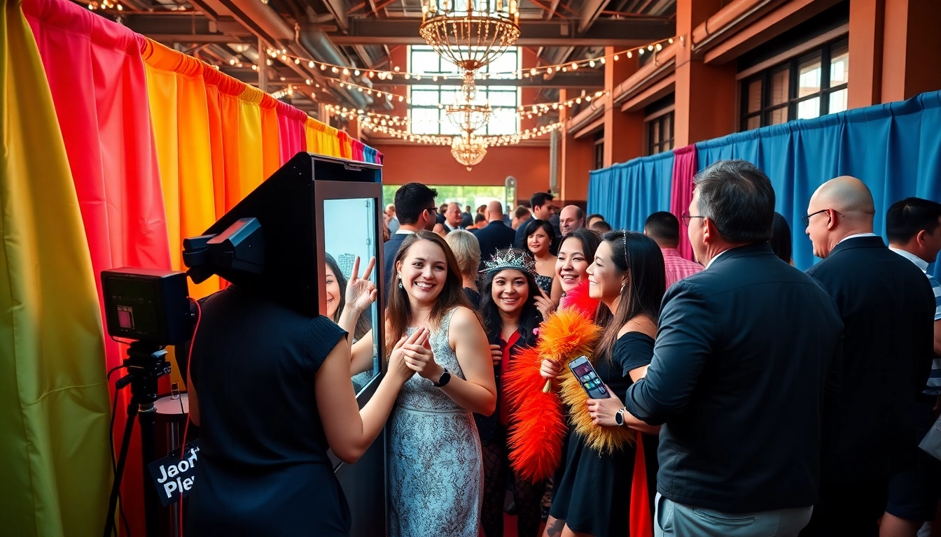 Guests enjoying a photo booth Chicago experience with lively props and colorful backdrop.