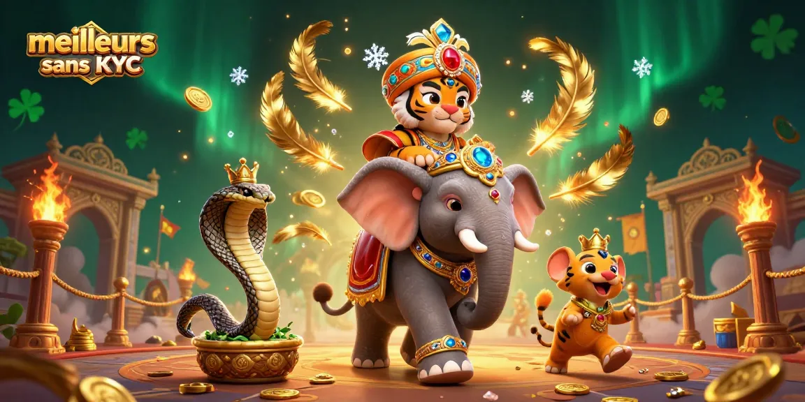 Découvrez les meilleurs casinos sans KYC, avec un tigre maharaja et un éléphant, dans un cadre de jeu vibrant.