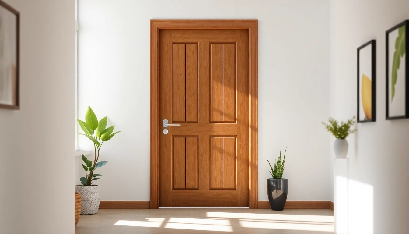 Beautiful Single leaf swing door in a modern hallway, showcasing elegant design and warm wood texture.