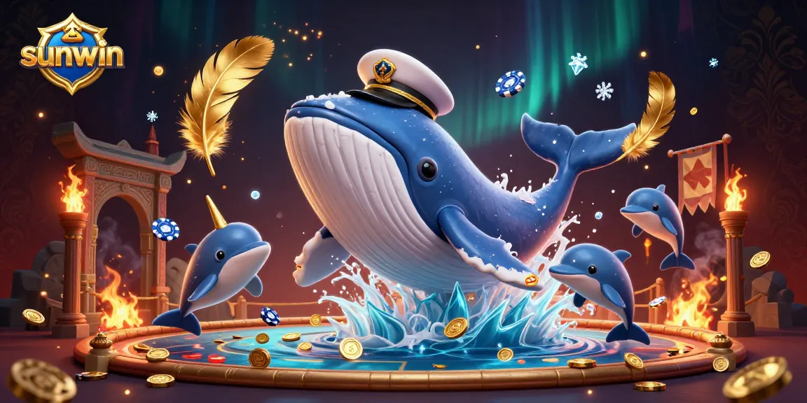 Engage with sunwin's thrilling gaming scene featuring a whale, narwhal, and dolphins amidst coins and casino excitement.