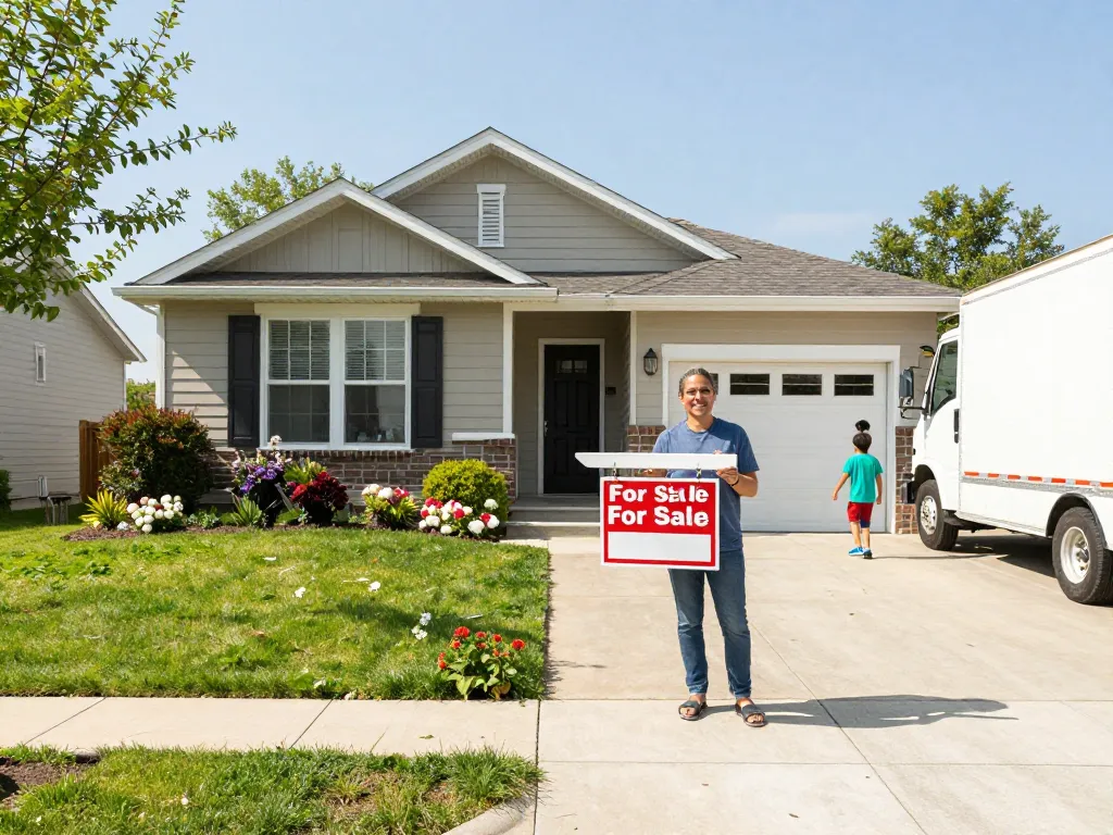 Sell my house fast for cash with a friendly homeowner in front of a welcoming suburban home, illustrating quick transitions and family-friendly vibes.