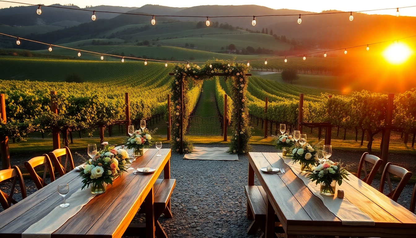 Beautiful outdoor wedding venues northern California with rustic tables and sunset backdrop.