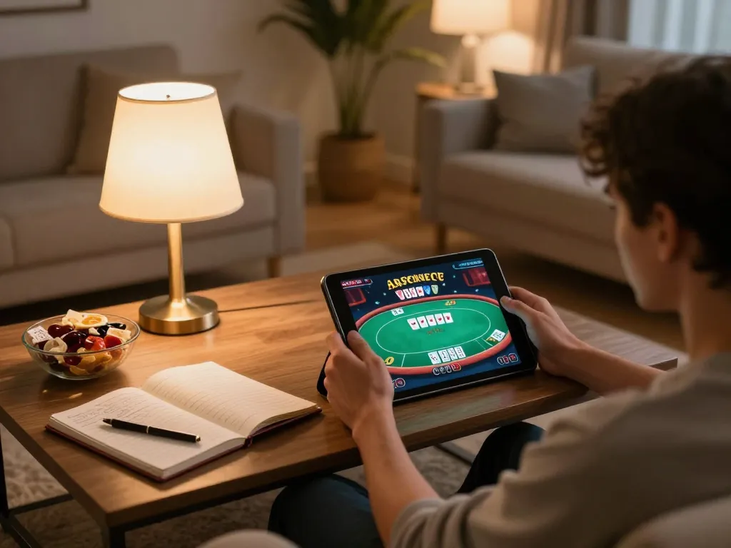 Engaging in online gaming at home with FAFA828 on a tablet, surrounded by strategy notes.