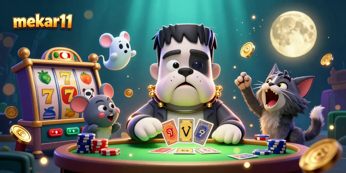 Mekar11 slot gaming illustration featuring vibrant characters in a dynamic casino setting.