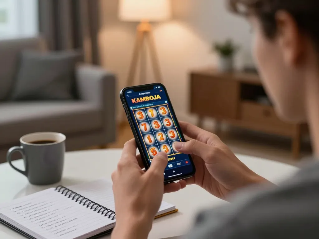 Engaging in mobile gameplay on a slot server kamboja app, showcasing strategic gaming in a cozy home setting.