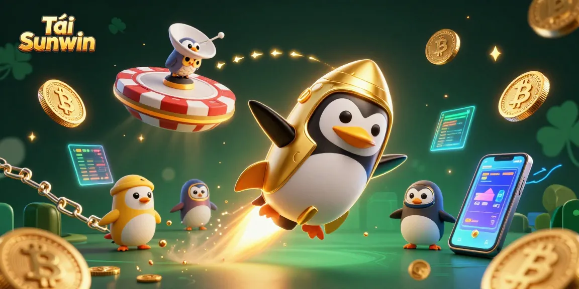 Tải Sunwin and explore vibrant casino adventure with a golden penguin and cryptocurrency elements.