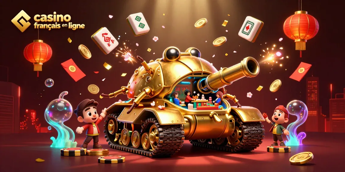 Découvrez le casino français en ligne avec cette illustration dynamique du tank doré, révélant un mini-casino animé.