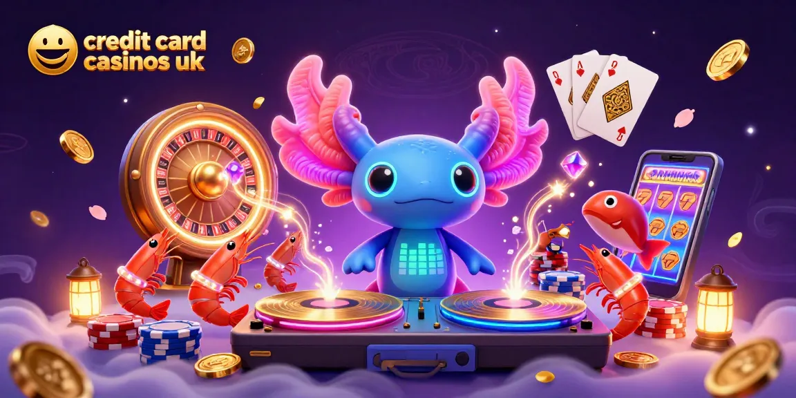 Experience vibrant action at credit card casinos uk, featuring a neon axolotl DJ and dancing shrimp.