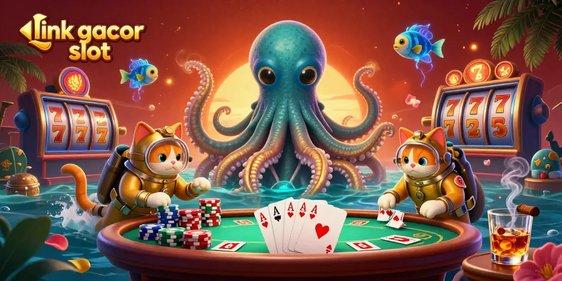 Experience thrilling wins at link gacor slot featuring a vibrant casino scene with a kraken, diving cat, and deep-sea fish.