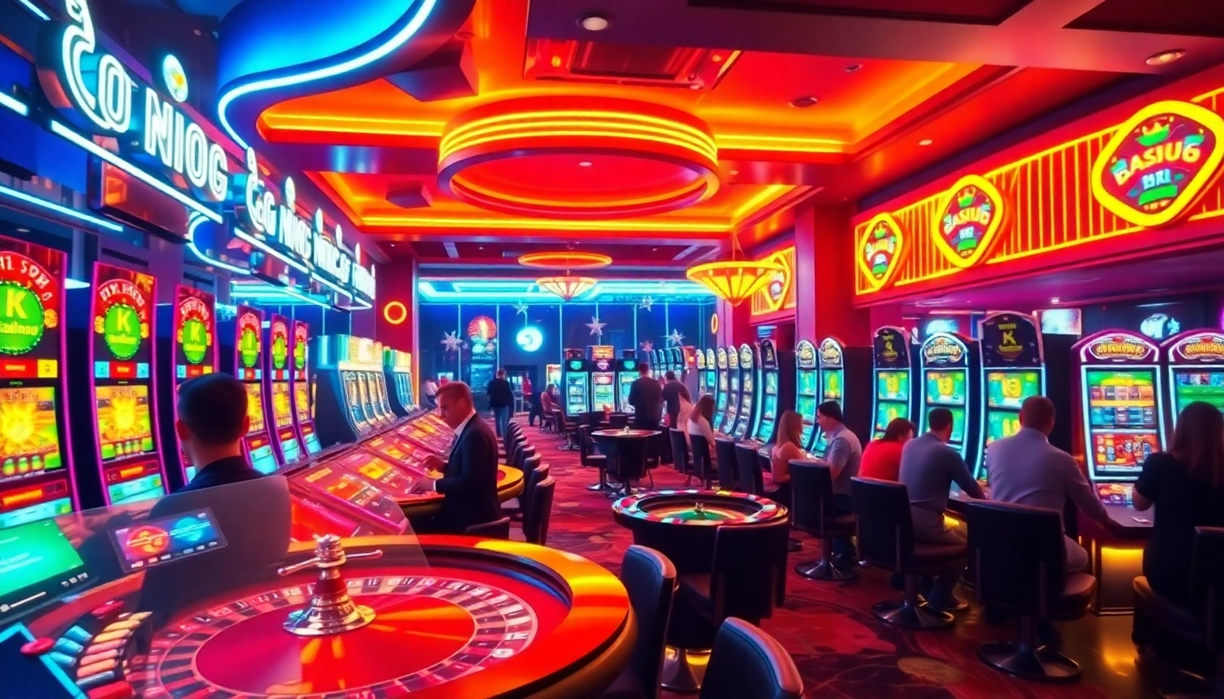 Experience the vibrant atmosphere of a Non Uk Casino with players engaged in various games.