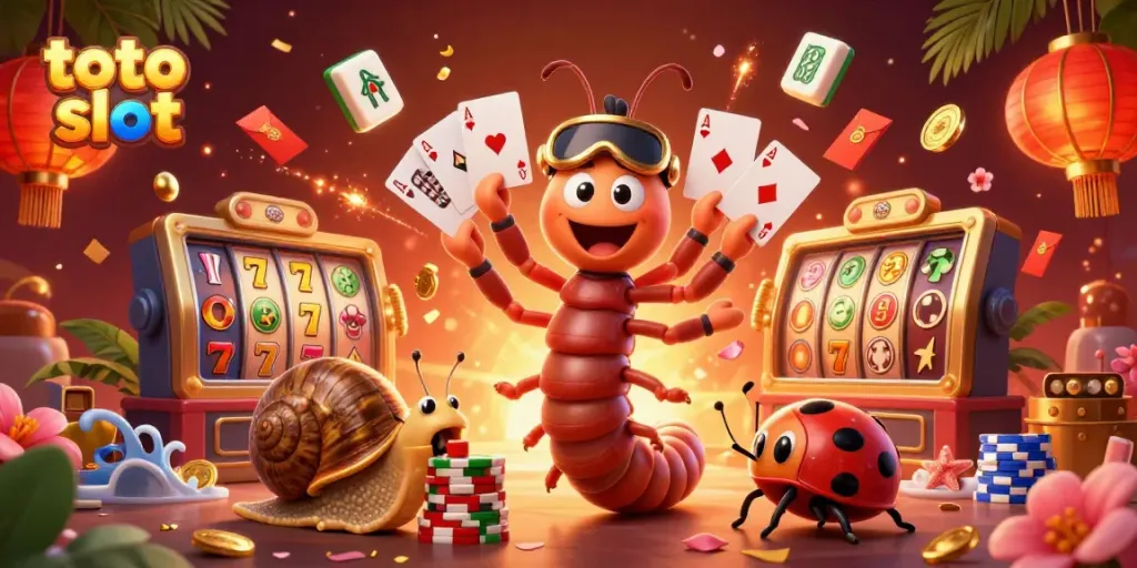 Interact with exciting toto slot gameplay featuring a vibrant millipede dealer and high-roller characters.