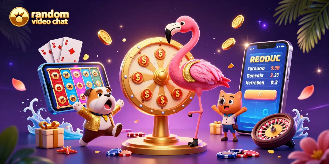 Experience random video chat excitement with animated characters spinning fortune wheels and displaying gambling prizes.