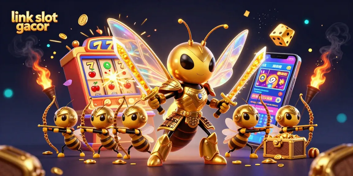Experience excitement with link slot gacor as a golden hornet and bee archers surround a jackpot slot machine.