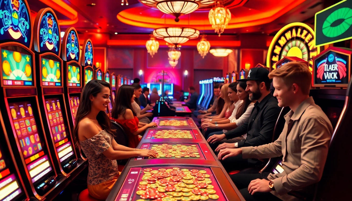 Engaging players enjoying slot pragmatic games in a vibrant casino setting with festive lighting.