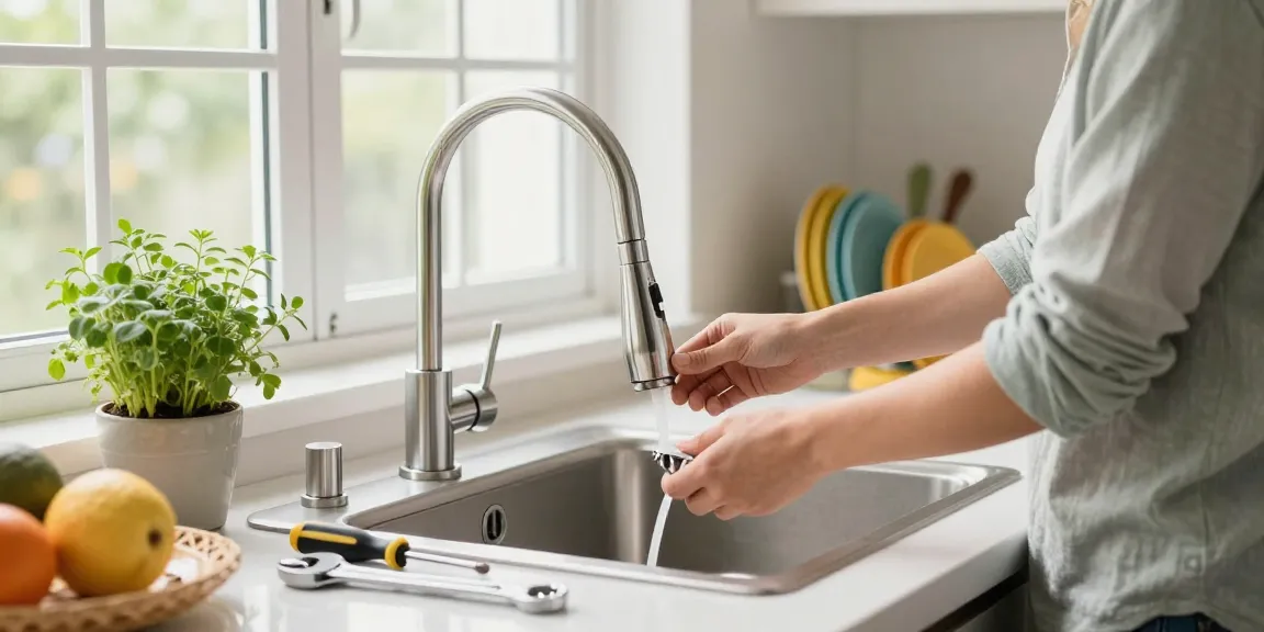 Homeowner installing lead-free kitchen faucets in a modern kitchen scene.