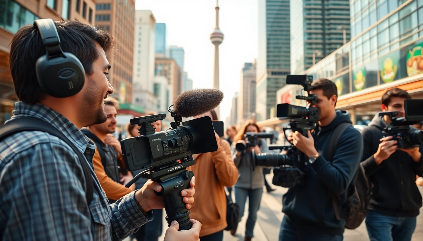 Professional videographers in Toronto capturing an energetic urban scene with high-end equipment.