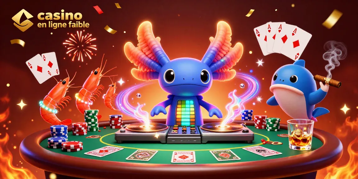 Jouer au casino en ligne fiable avec un axolotl DJ et des crevettes dans une scène festive pleine d'énergie.