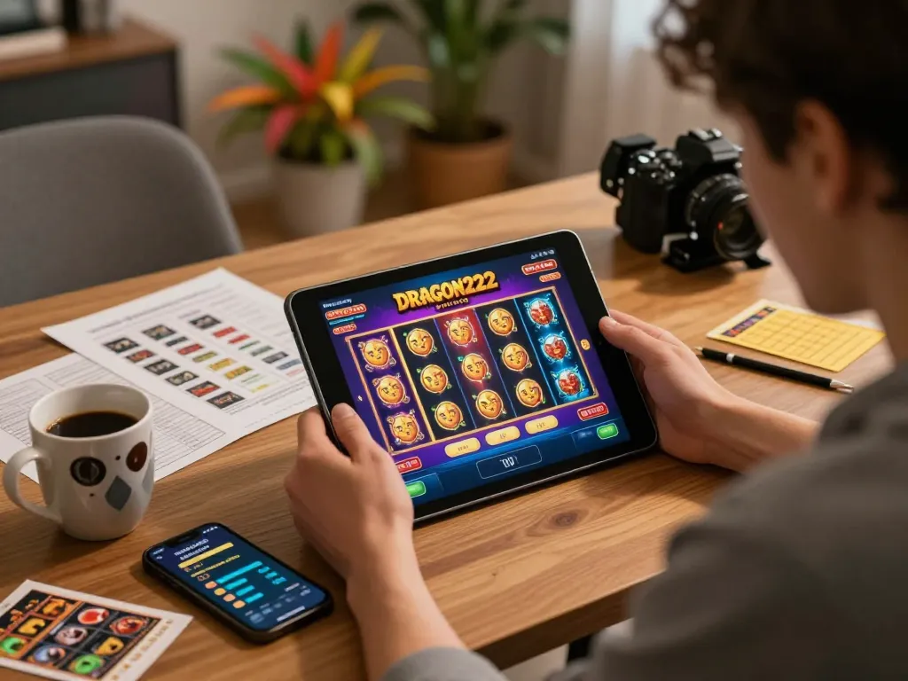 Pemain terlibat dengan kasino DRAGON222 di tablet, menampilkan kemenangan menarik dari permainan slot dan taruhan strategis.