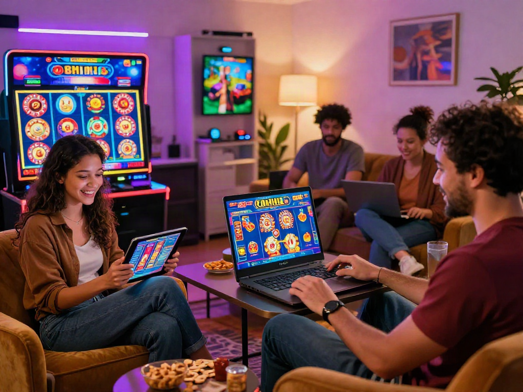 Exciting judi casino online gaming scene with players enjoying slots and bets in a cozy living room.
