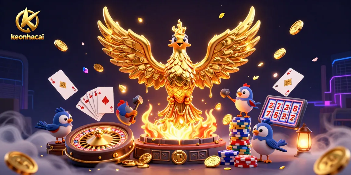Experience the thrill of keonhacai with a golden phoenix at a dynamic casino scene.