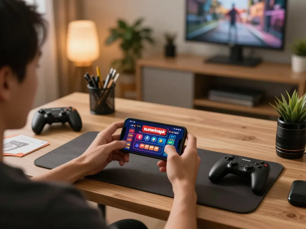 Engaging in mobile gaming with sunwinapk app on smartphone in a cozy home office