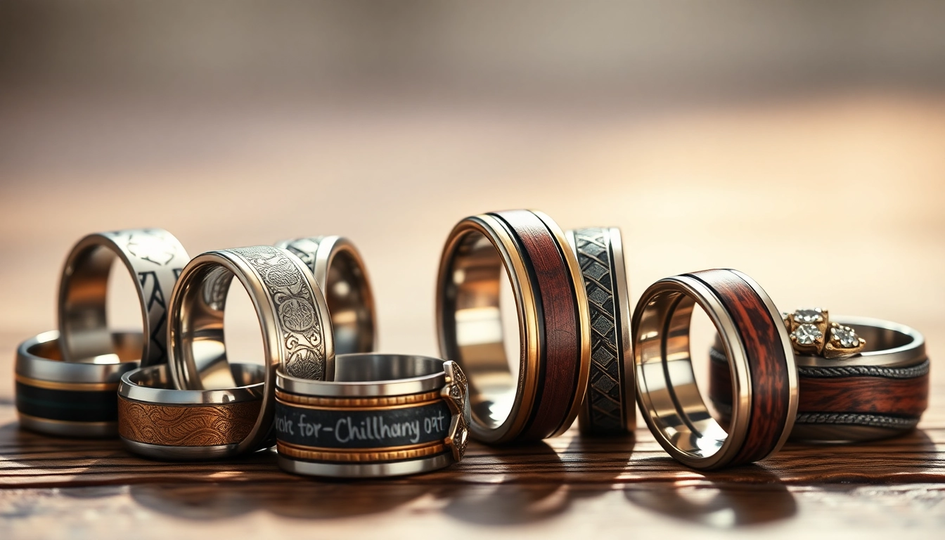 Unique Wedding Bands for Men displayed in a sophisticated arrangement highlighting intricate designs and unique materials.