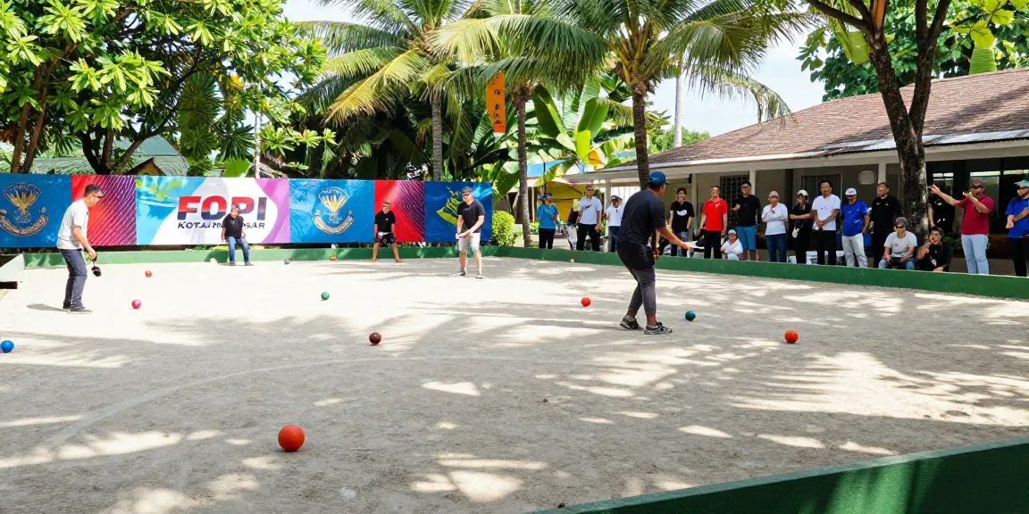 FOPI Kota Makassar sedang mengadakan permainan petanque di lapangan terbuka yang ceria.