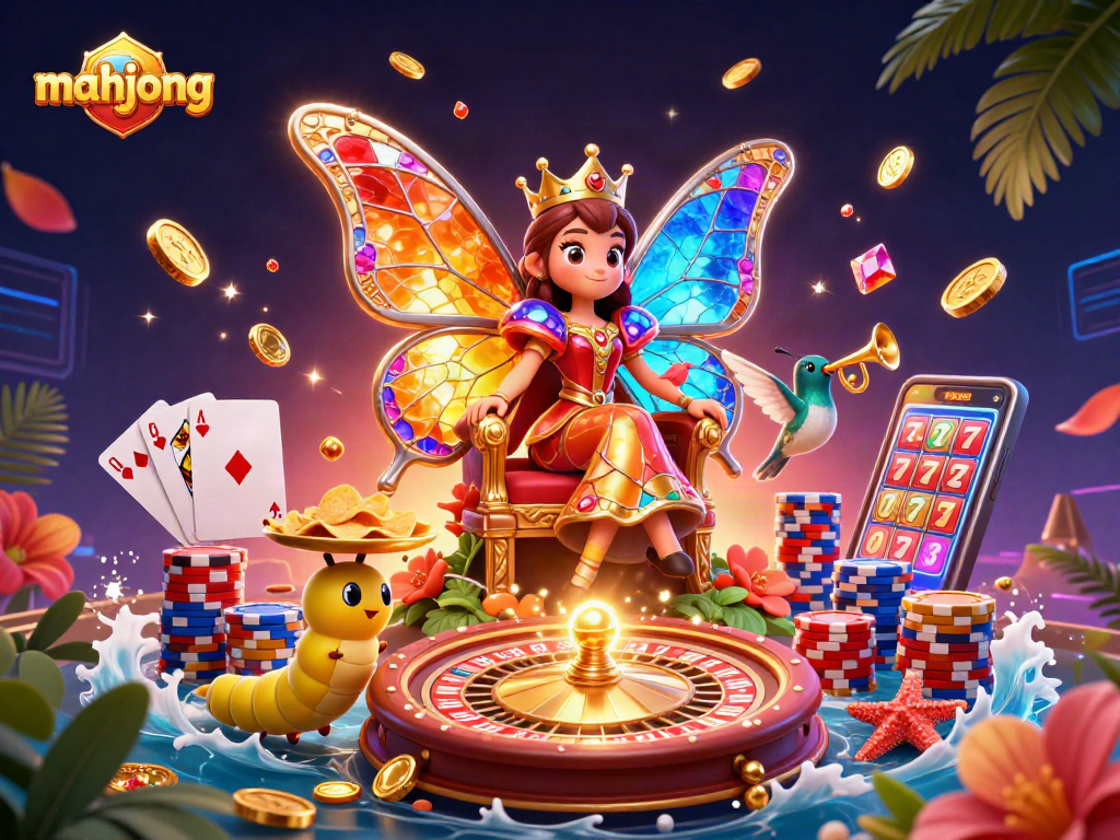 Engage with mahjong as cascading coins and cards fill the scene, showcasing vibrant casino elements.