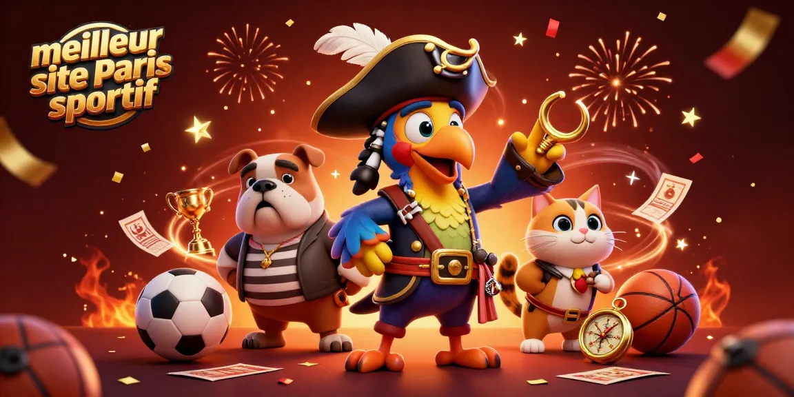 Le meilleur site de paris sportif illustré avec un pirate et des éléments de paris, animant l'excitation du jeu.