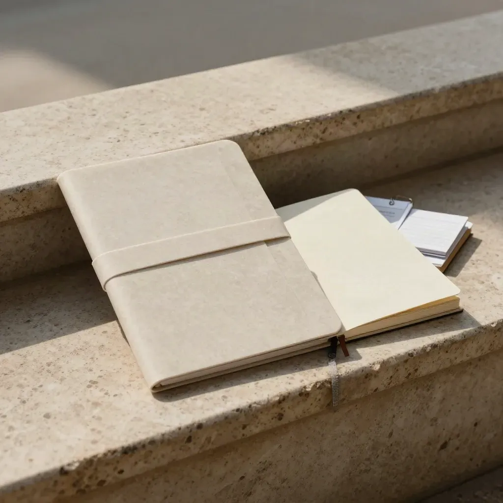 Pale crypto brief bundle on travertine ledge with notebook, cards and fluttering paper in soft daylight