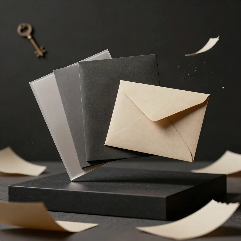 Floating crypto launch tracker folio with cards, sleeve, and envelope in dramatic studio light