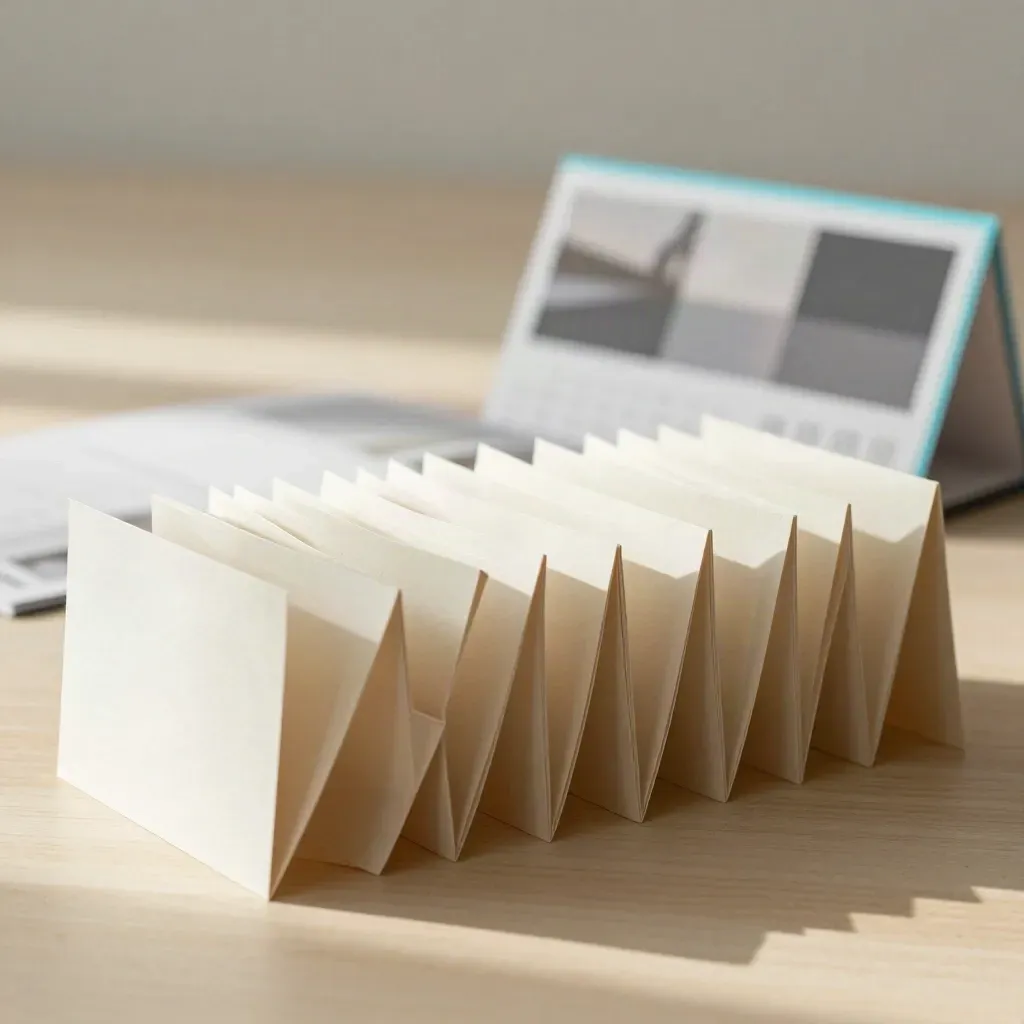 Accordion coin launch calendar foldout on pale wood with a subtle cyan accent and blurred support card.