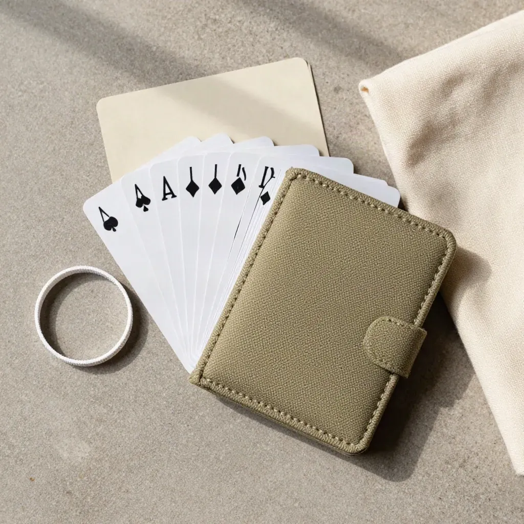 Overhead flatlay of wallet safety cards in a khaki canvas sleeve with cloth and band