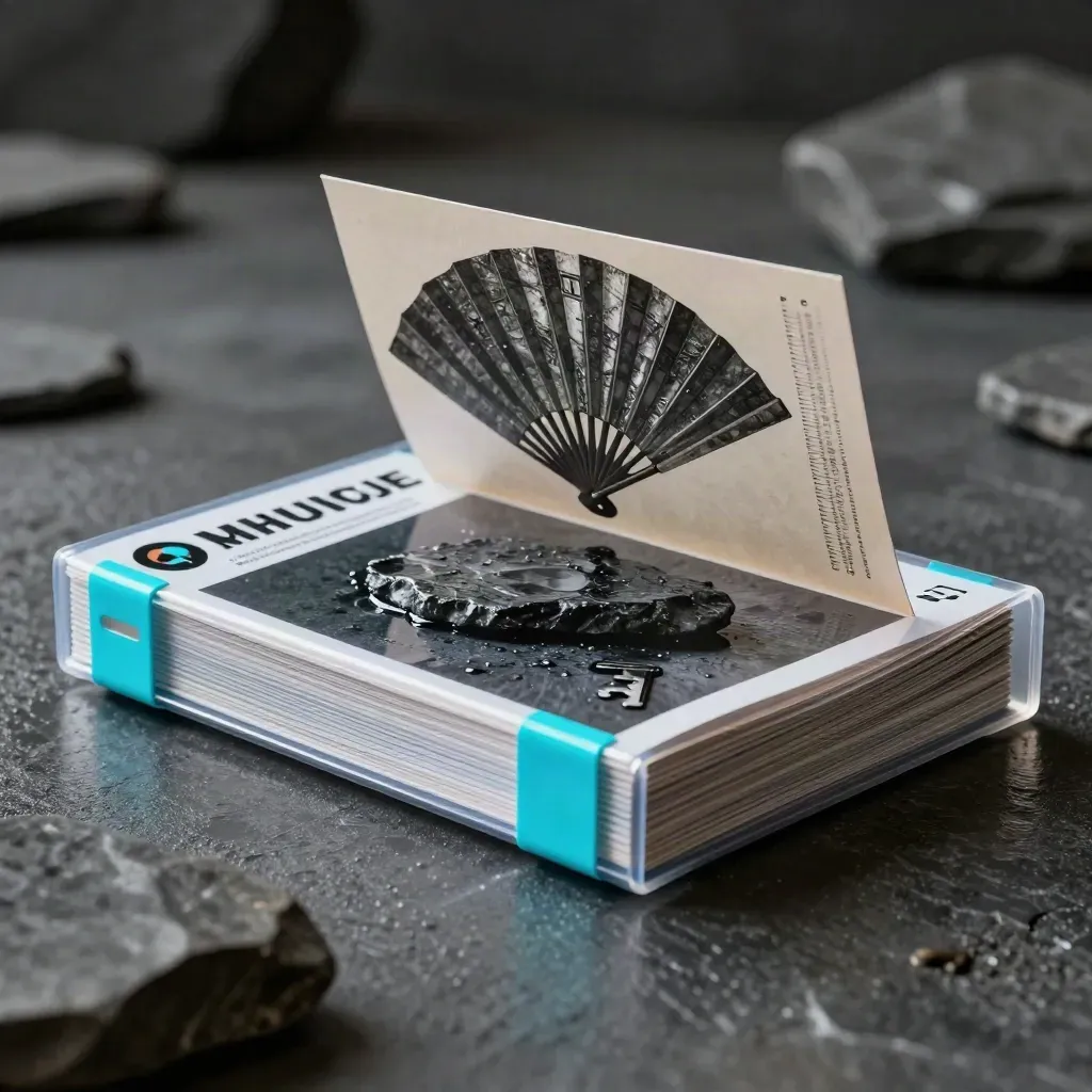 Translucent crypto market pack fans open on wet black stone with cyan tabs and reflective light.