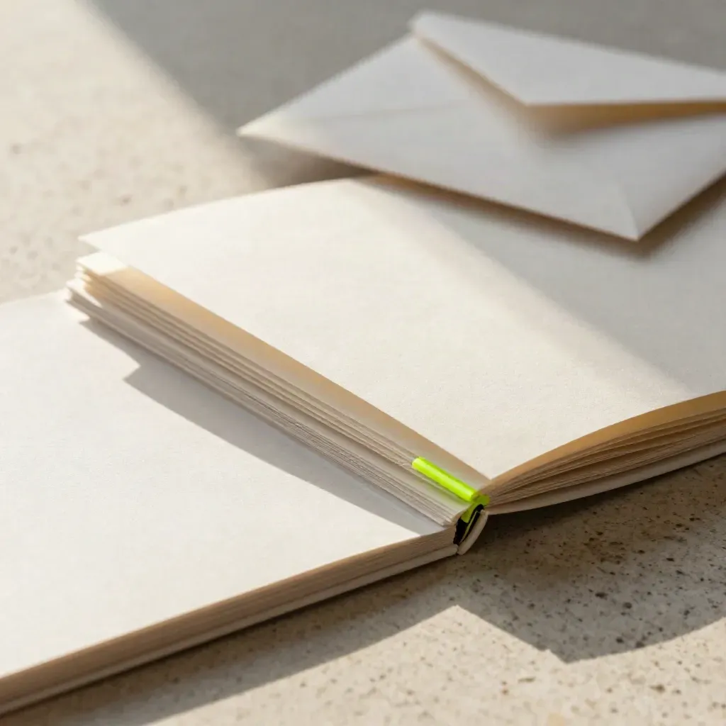 Pale Bitcoin brief booklet partly open on travertine with note stack and envelope.