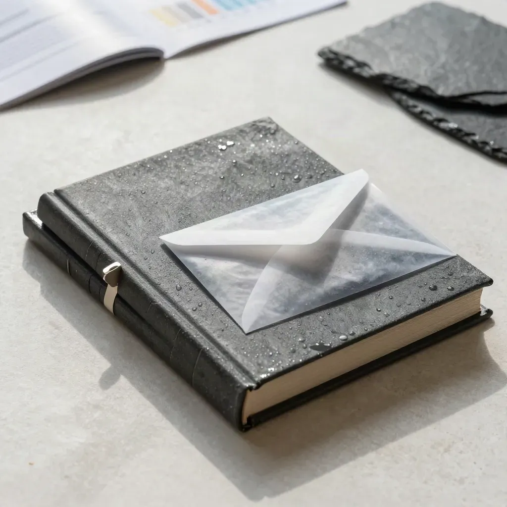 Exchange compare book with fanned dividers and a slip envelope on wet slate.