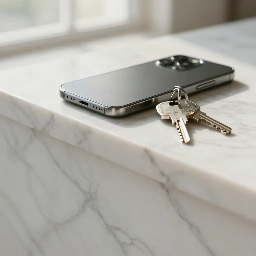 Marble ledge with a smartphone, hardware wallet and security key by a bright atrium window.