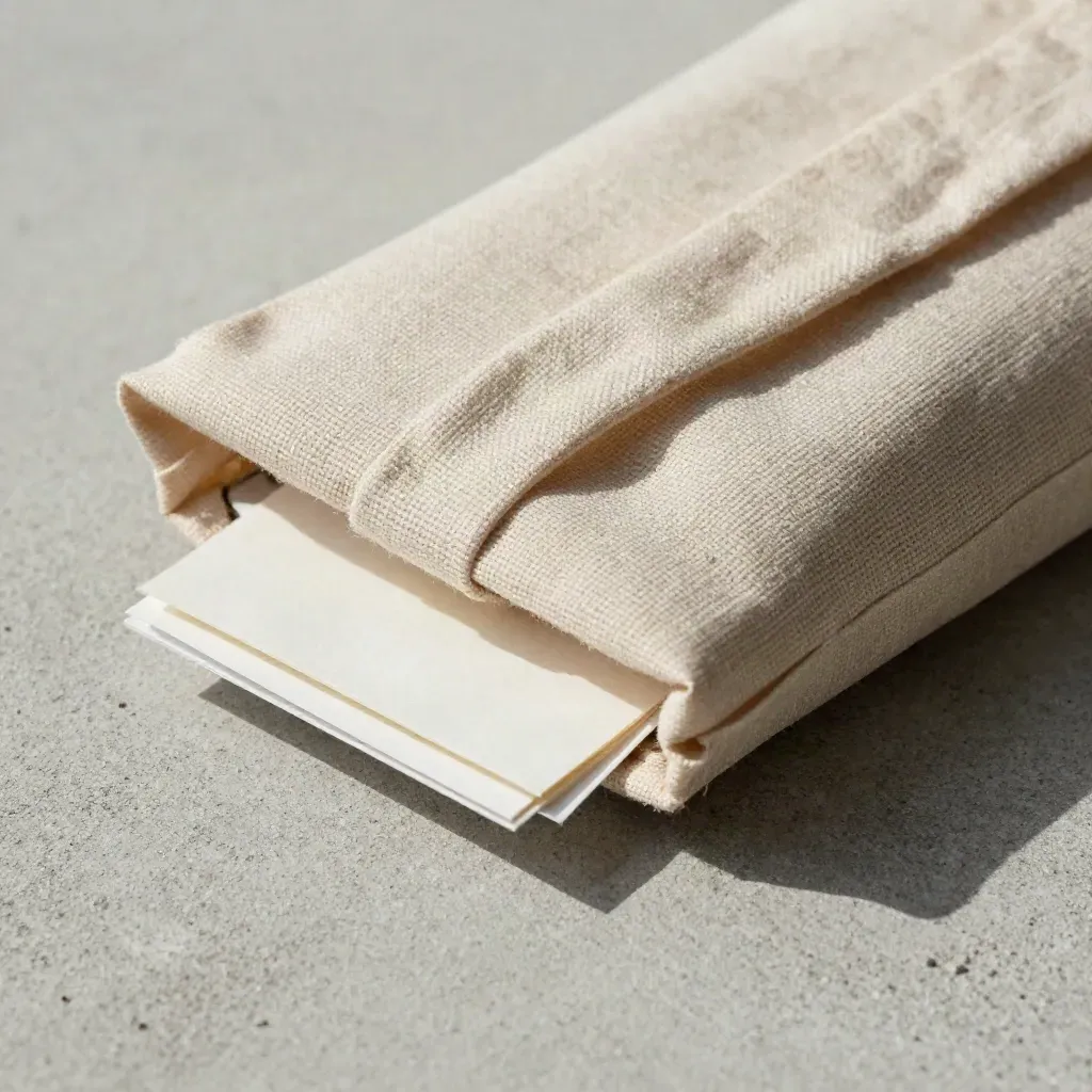 Linen-wrapped rule digest packet on brushed concrete with cards and a folded guide in cool daylight