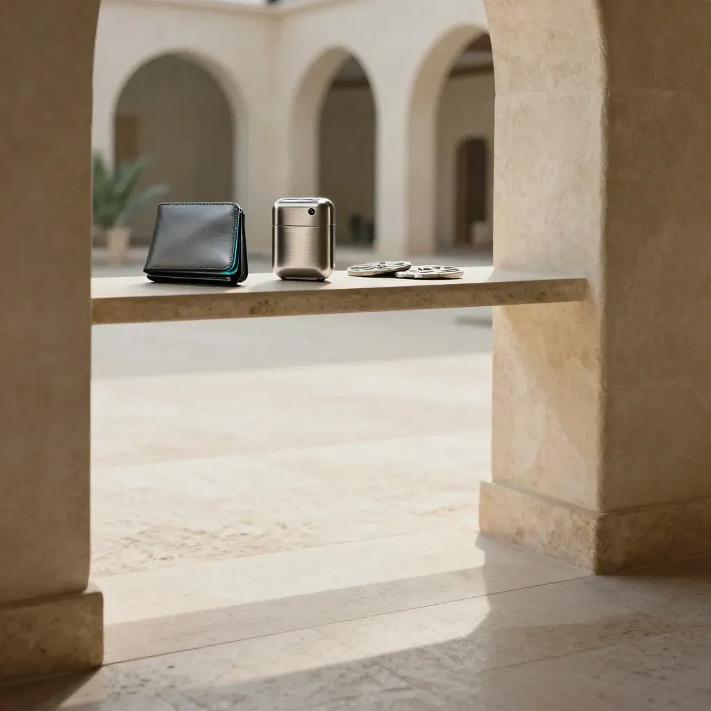 Travertine arcade with crypto hardware wallet and metal tokens, calm floor below.