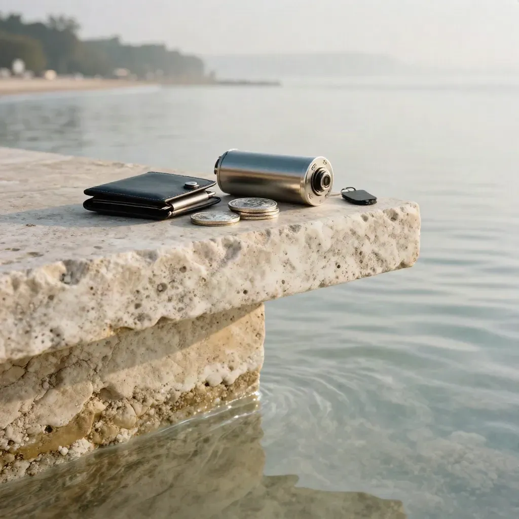 Stone terrace above misty shore with crypto hardware wallet and metal tokens in golden light