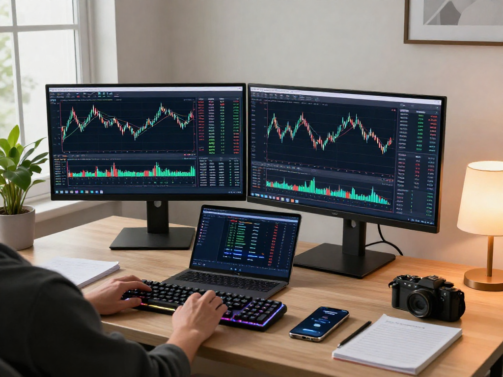 MetaTrader 5 官网，展示专业加密货币交易桌面，带有多监视器显示实时图表和数字钱包应用，体现交易者的策略分析与技术工具使用。