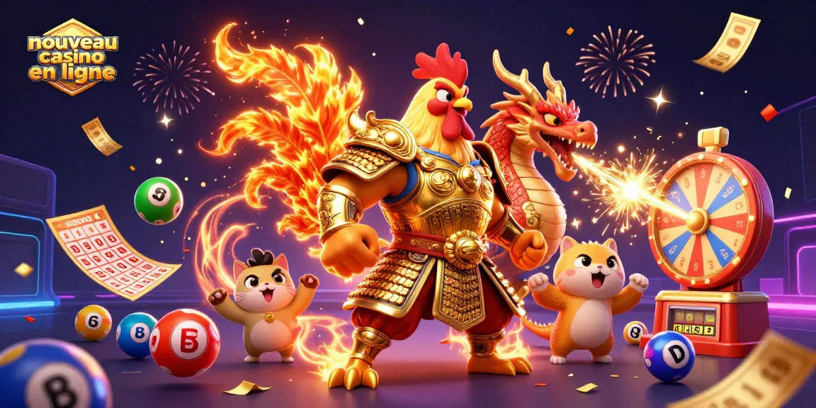 Gagnez avec le nouveau casino en ligne grâce à un combat dynamique entre un guerrier coq et un dragon, entouré de ballons de loterie colorés.