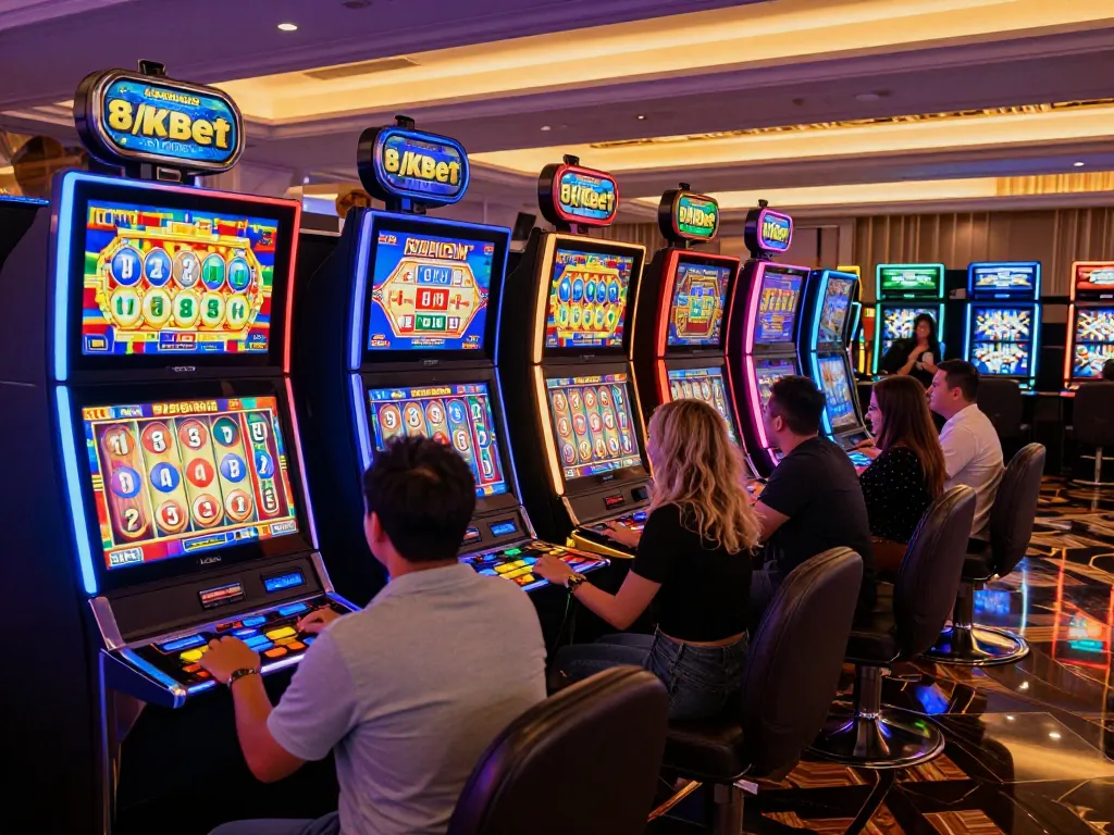 Players spinning reels on vibrant slot machines at the exciting 8kbet casino, showcasing the thrill of gaming.