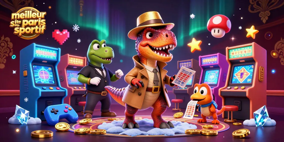 Visualisez le meilleur site de paris sportif avec un velociraptor pariant discrètement à une table entourée d'éléments de casino.