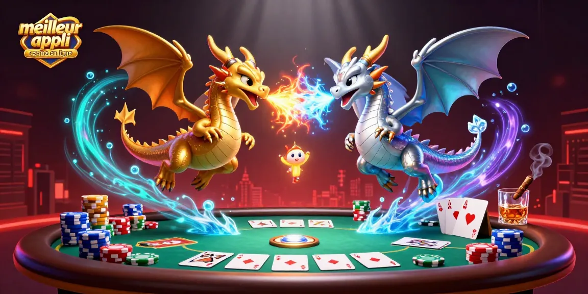 Accédez à la meilleure appli casino en ligne avec cette illustration représentant des dragons et des éléments de poker.