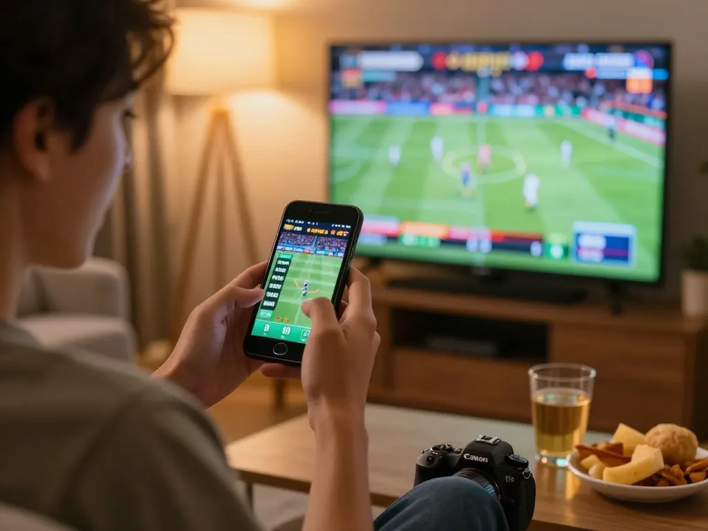 Melakukan pertaruhan pada sukan secara langsung menggunakan 100 cuci di telefon pintar dalam persekitaran rumah yang selesa