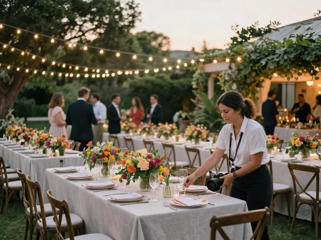 Stunning outdoor scene showcasing elegant event rentals with beautiful tables, floral arrangements, and string lights