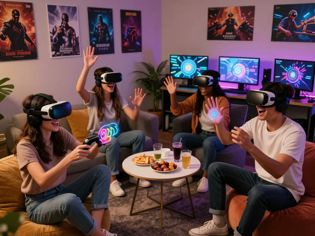 Interactive 18+ AI digital environment with young adults experiencing immersive VR technology in a cozy lounge setting.