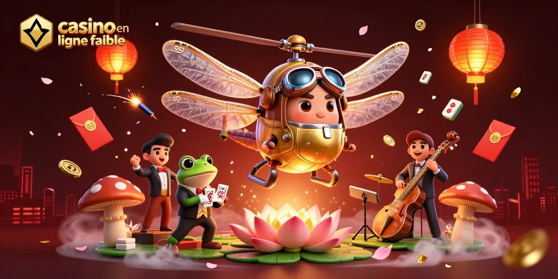 Illustration dynamique mettant en avant un casino en ligne fiable avec un pilote libellule, un croupier grenouille et des éléments de jeux colorés.
